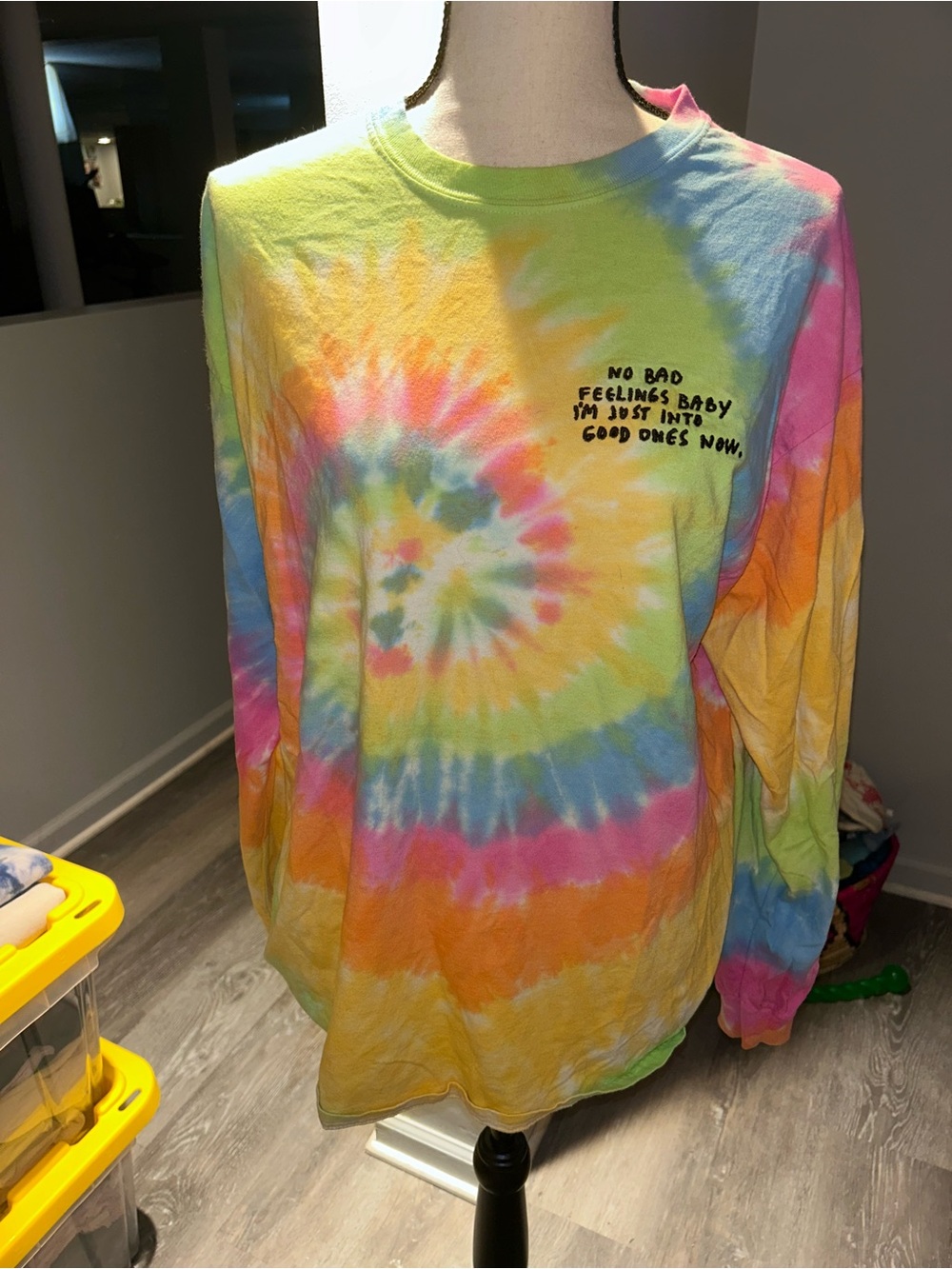 Tie-Dye Long Sleeve Tee with Positivity Graphic - Multicolor